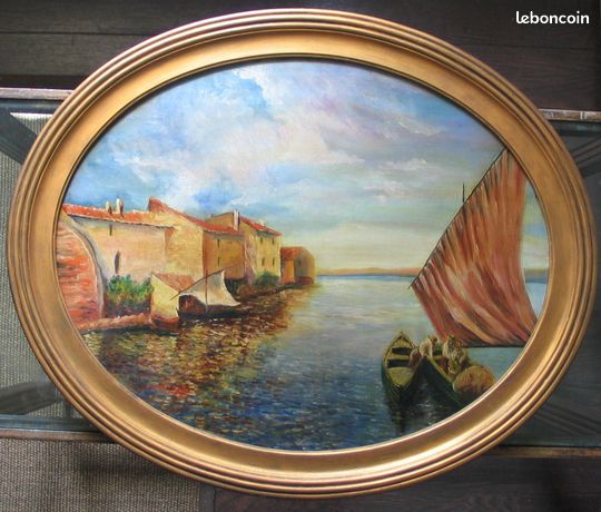 Ancien tableau ovale huile sur bois –Scène de pêche
