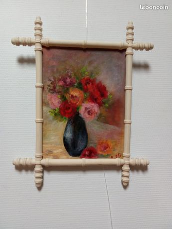 TABLEAU huile sur carton entoilé encadré ROSES en VASE 1990