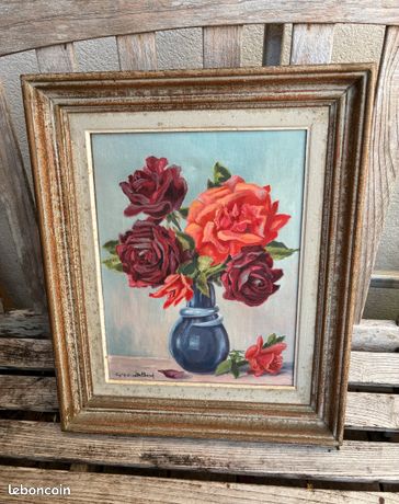 Tableau - peinture sur toile - bouquet de roses - signé G.Y.S delbord ? - vintage