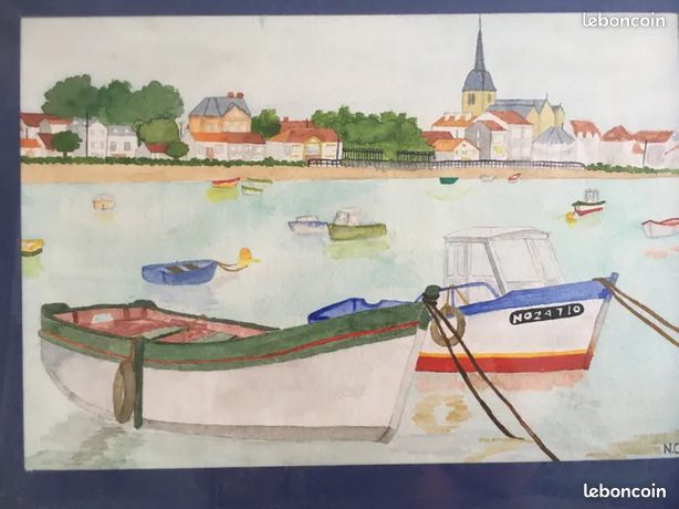 Tableau aquarelle ancienne Bord de mer