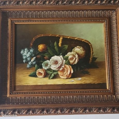 Ravissante huile sur toile "Panier de fleurs" ".
Beau cadre en bois doré