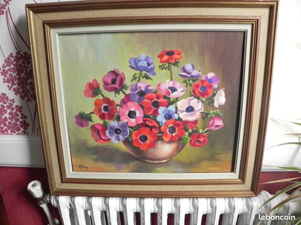 Tableau HST fleurs anémones signé A GAY