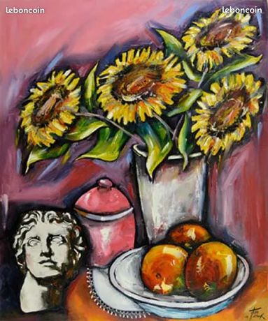 Nature morte aux tournesols et Apollon – Huile sur toile – Cook Juan