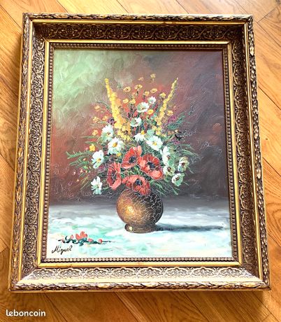 Huile sur toile signée Miguel : bouquet de fleurs