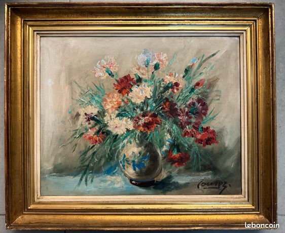 Superbe tableau sur toile bouquet de fleurs signé 51x61cm avec cadre