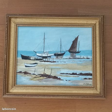 BELLE PEINTURE signée A.FOLLAIN =) le port à marée basse