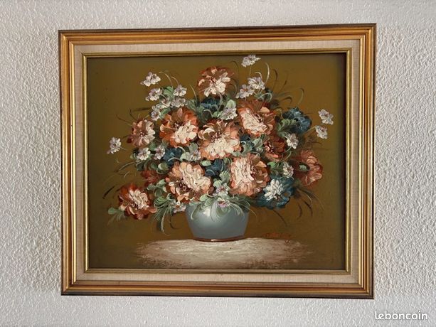 Tableau peinture à l’huile vase et fleurs P. Keeling