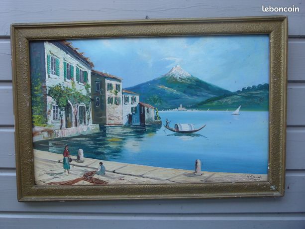 Paysage d'un lac italien peinture signée Spina