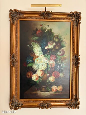 Grand tableau bouquet fleurs ancien cadre baroque doré 80x109,5 cm