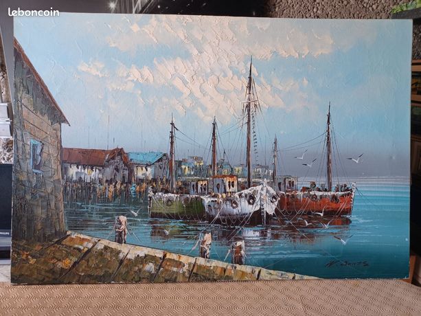 Tableau huile sur toile de William Jones, scène marine, peinture au couteau, 60 x 90 cm