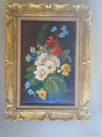 Tableau peinture à l’huile bouquet de fleurs, artiste peintre Louis Cottin XXe siècle