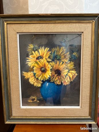 Tableau ancien bouquet de fleurs jaunes signé Jules Frimat