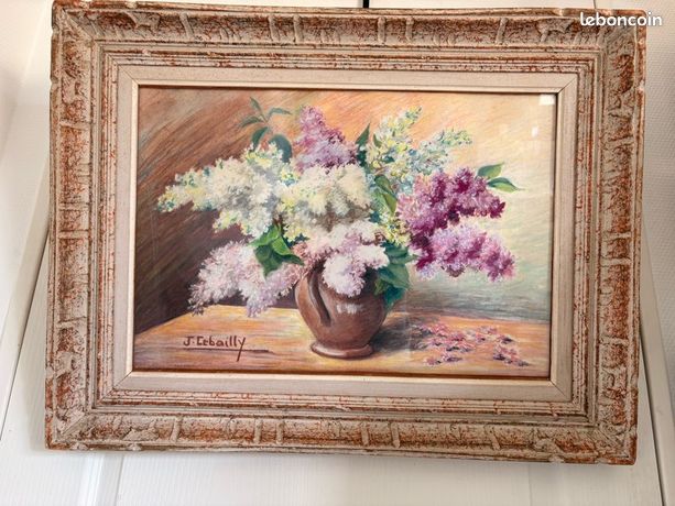 Ancien Tableau Dessin Pastel Nature Morte Bouquet Lilas Fleurs Signe Lebailly Encadré Sous Verre