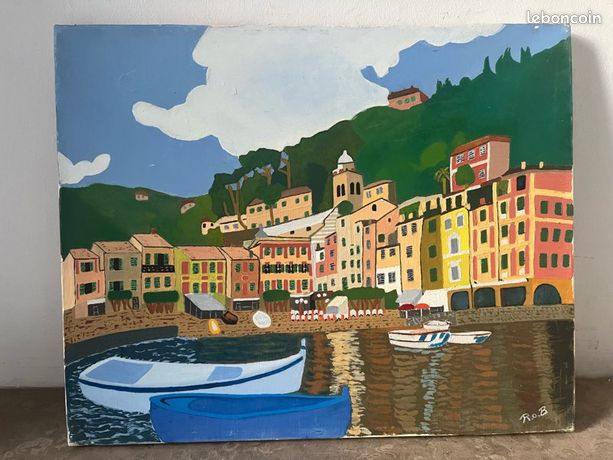 Tableau Peinture Portofino, Italie, Huile Sur Toile Signé