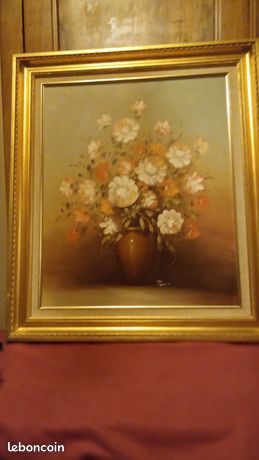 Huile sur toile Nature morte aux fleurs grand format cadre 75 x65 tableau 60 x 50cm beau cadre a cle