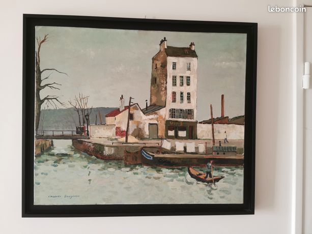 Tableau huile sur toile de Jacques BOUYSSOU (1926-1997) signée en bas à gauche. Canal de La Villette