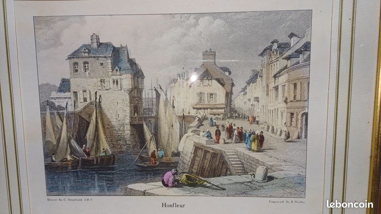 Joli tableau NORMANDIE HONFLEUR aquarelle a l ancienne 32x26cm Stranfield encadré par Wallis