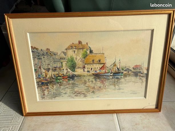 Tableau peinture bretagne bord de mer marine Eugène Bernhardt "bateaux au port"" Aquarelle sur papie