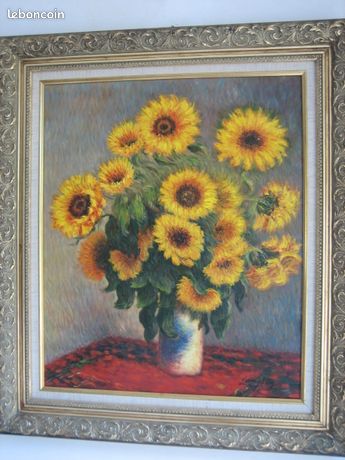 TABLEAU-HUILE s.toile signée -1985-Tournesols-très beau Cadre bois-68x78cm-