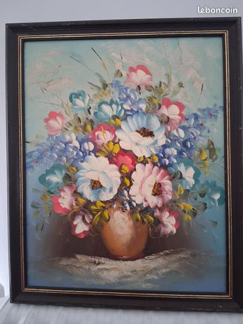 Magnifique tableau huile sur toile ou acrylique joli bouquet de fleurs 57×47 cm
