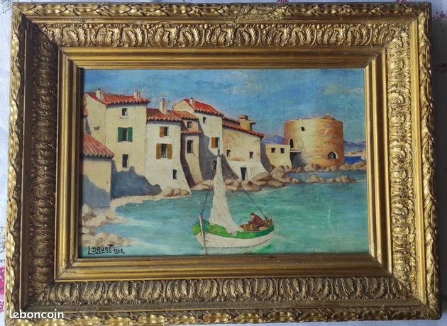 Ancien tableau huile sur carton - Paysage bord de mer L. Druot