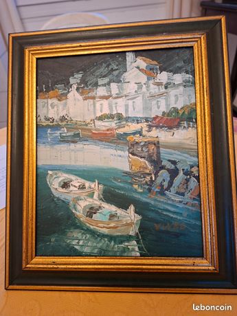 Tableau ancien - huile sur toile " port de xadaqués " signé vives - tabkeau dimension 24 x 20
