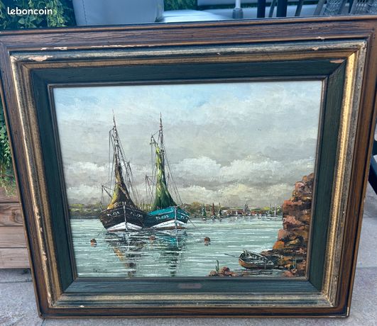 Tableau signé A. Polliet – Marine, bateaux au port