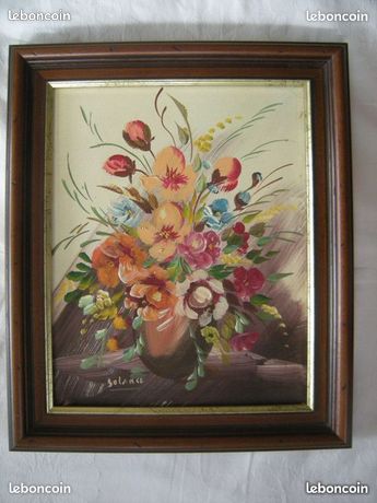 Tableau huile sur toile motif BOUQUET DE FLEURS signée SOLANGE