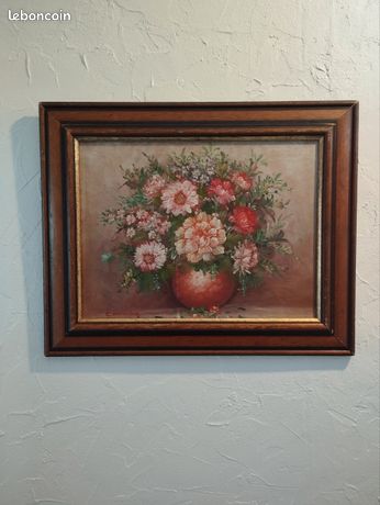 Tableau ancien signé C. Manning – Bouquet floral – À restaurer