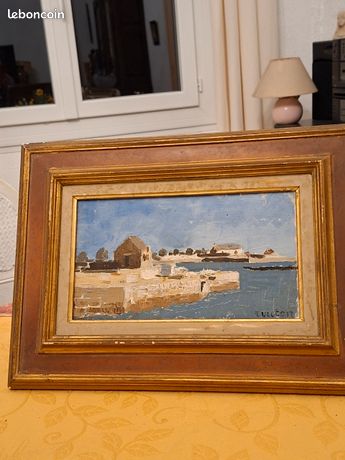 Tabeau marine huile sur toile - port de mer - dimension 32 x 18 - signe j . Victor