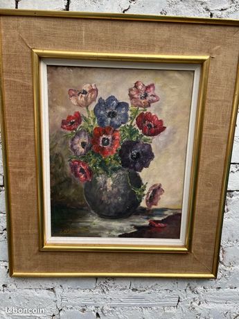 Nature morte bouquet signée datée ancienne huile sur toile peinture