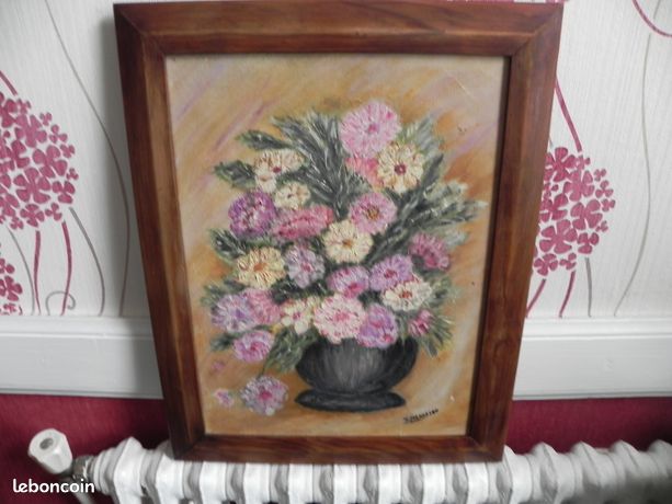 Charmant petit tableau HST bouquet de fleurs signé