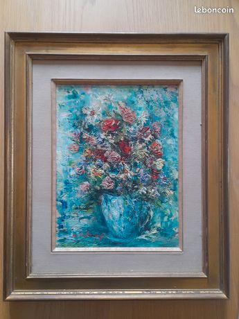 Anna de BANGUY (1908-1985). Nature morte au bouquet de fleurs. Huile sur isorel