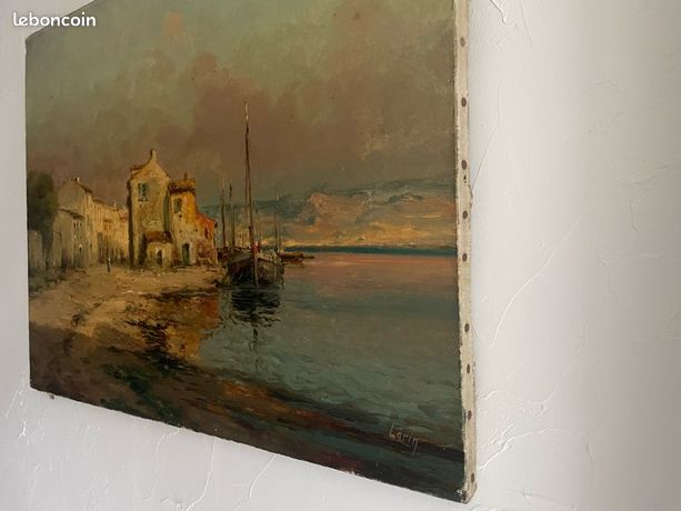 Huile sur toile voilier au port
